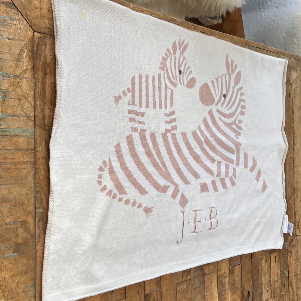 Pottery Barn Kids Zoey Zebra Knit Blanket "J-E-B" 30 x 40 in Cream & Pink Cotton